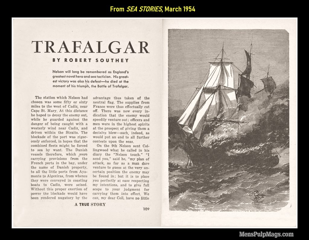Robert Southey’s Trafalgar excerpt alongside an engraving of a sailing warship
