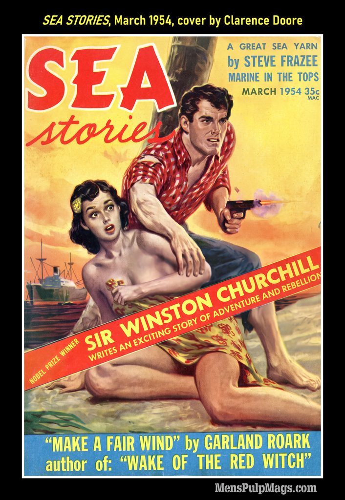 Sea Stories March 1954 cover by Clarence Doore, showing an armed man and a woman beside the water