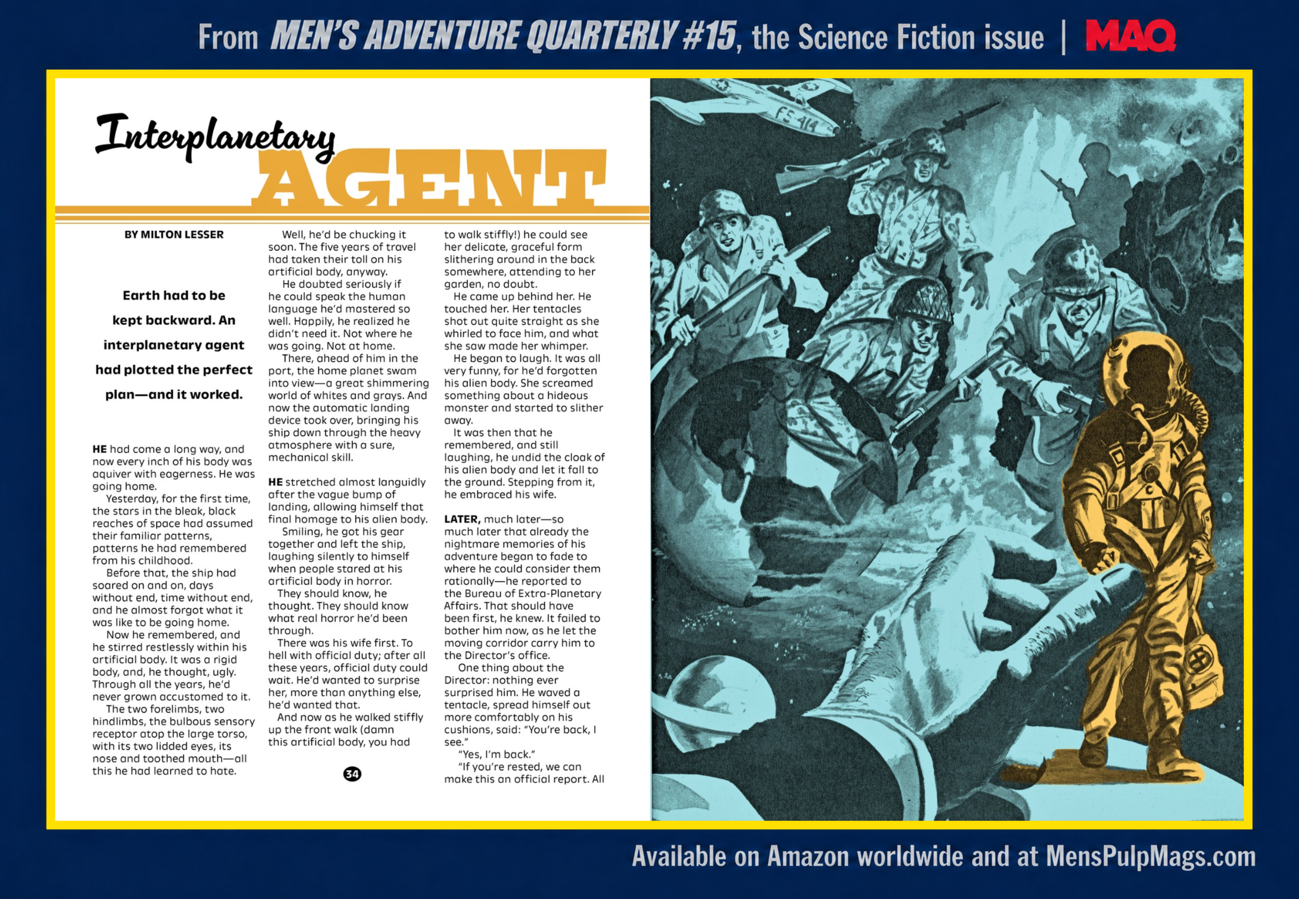 “Interplanetary Agent” by Milton Lesser, with Mark Schneider’s illustration of alien figures confronting an agent.