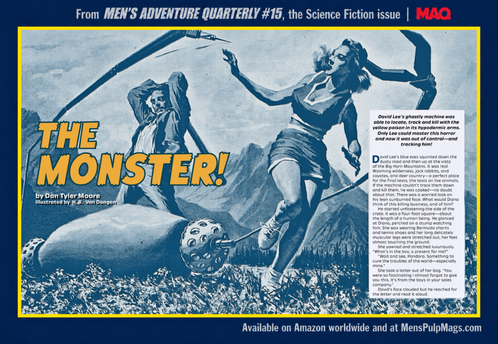 “The Monster” by Dan Tyler Moore, with H. R. Van Dongen’s illustration of an armed humanoid robot.