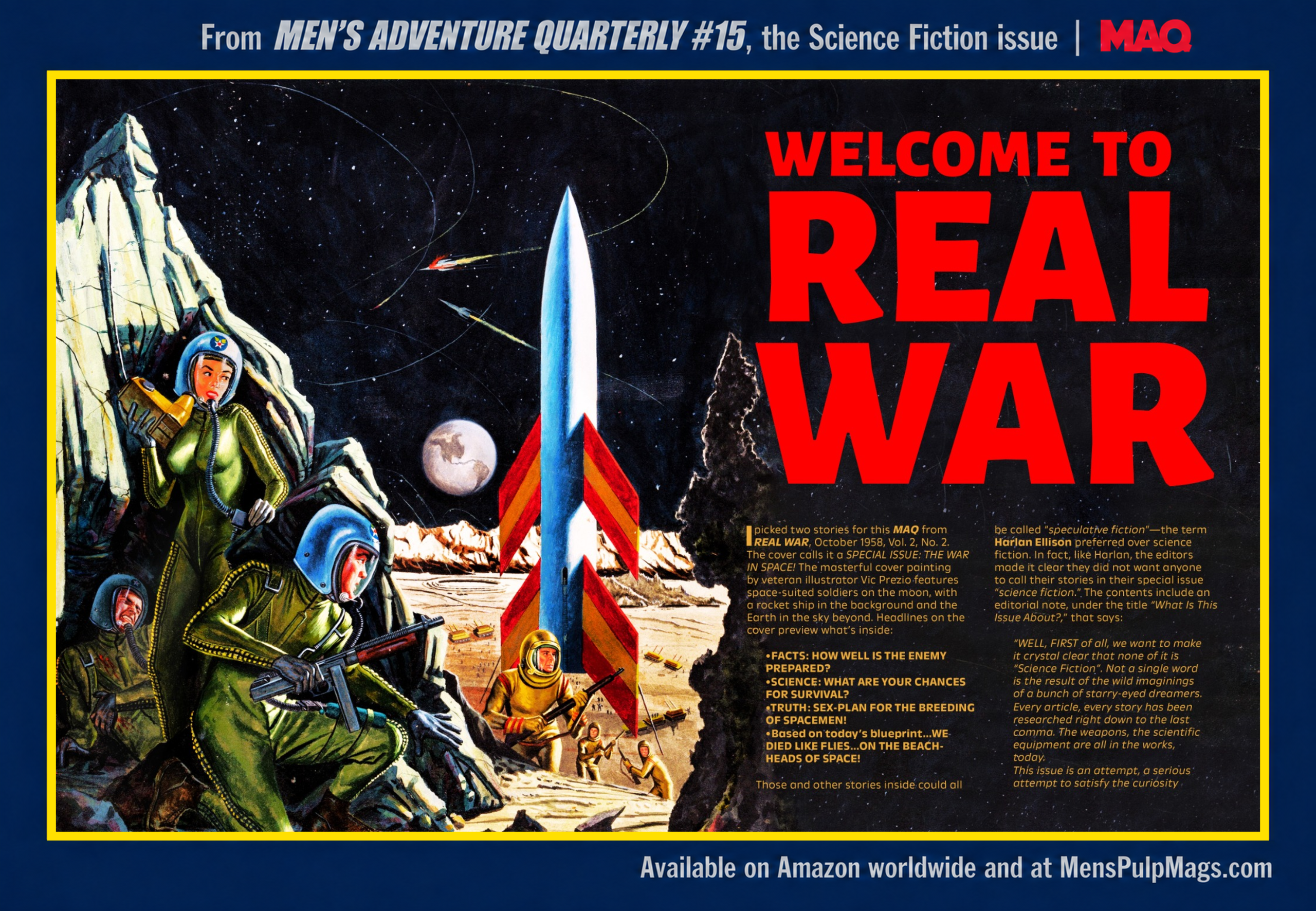 REAL WAR’s October 1958 “War in Space” feature, with a space soldier, rocket, and “Welcome to REAL WAR!” introduction.