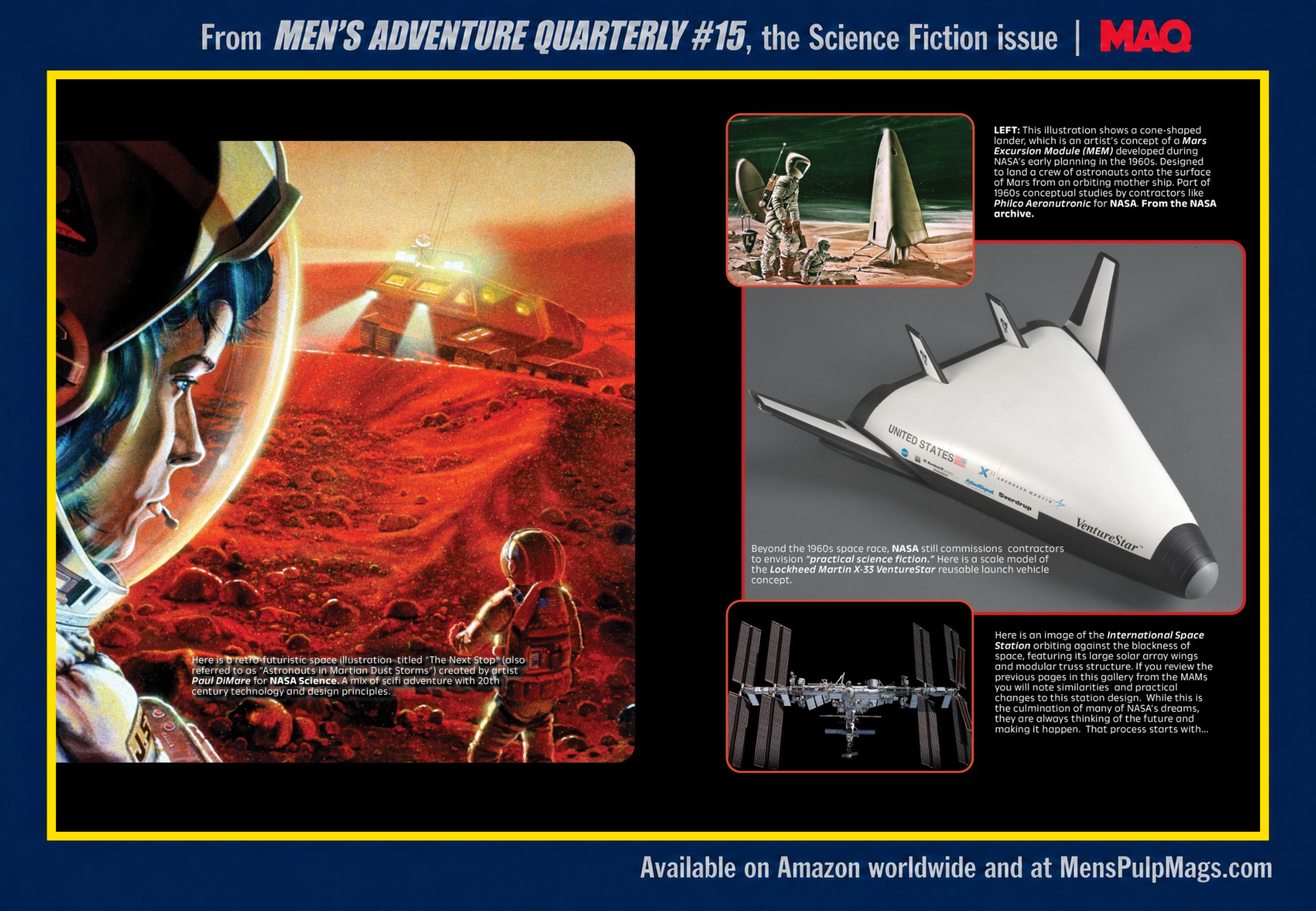 “The Future Is WOW!” gallery: a painted Mars exploration scene, spacecraft concepts, a space shuttle, and a space station.