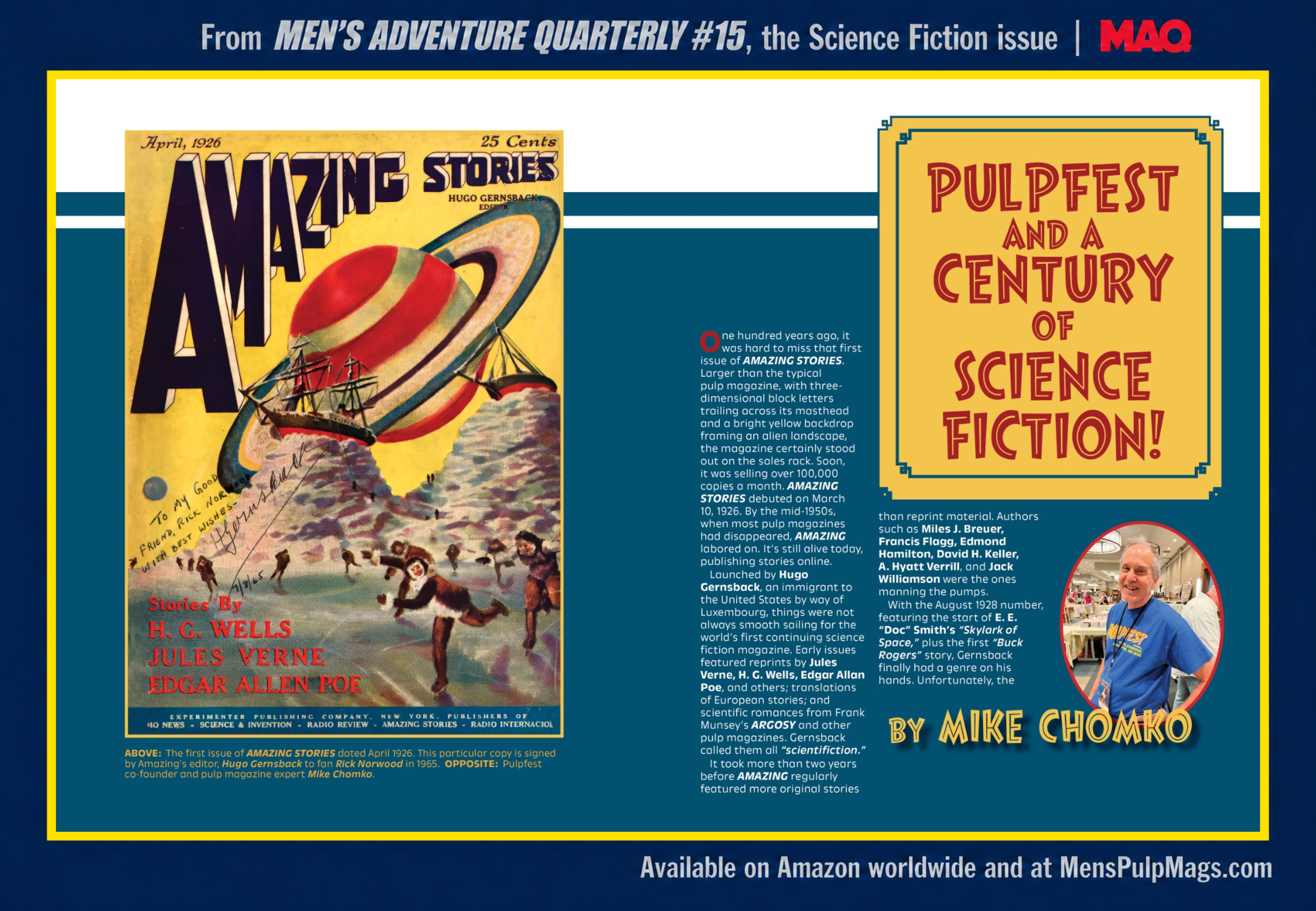 Mike Chomko’s “PulpFest and a Century of Science Fiction,” with a colorful AMAZING STORIES cover and the article’s centennial heading.